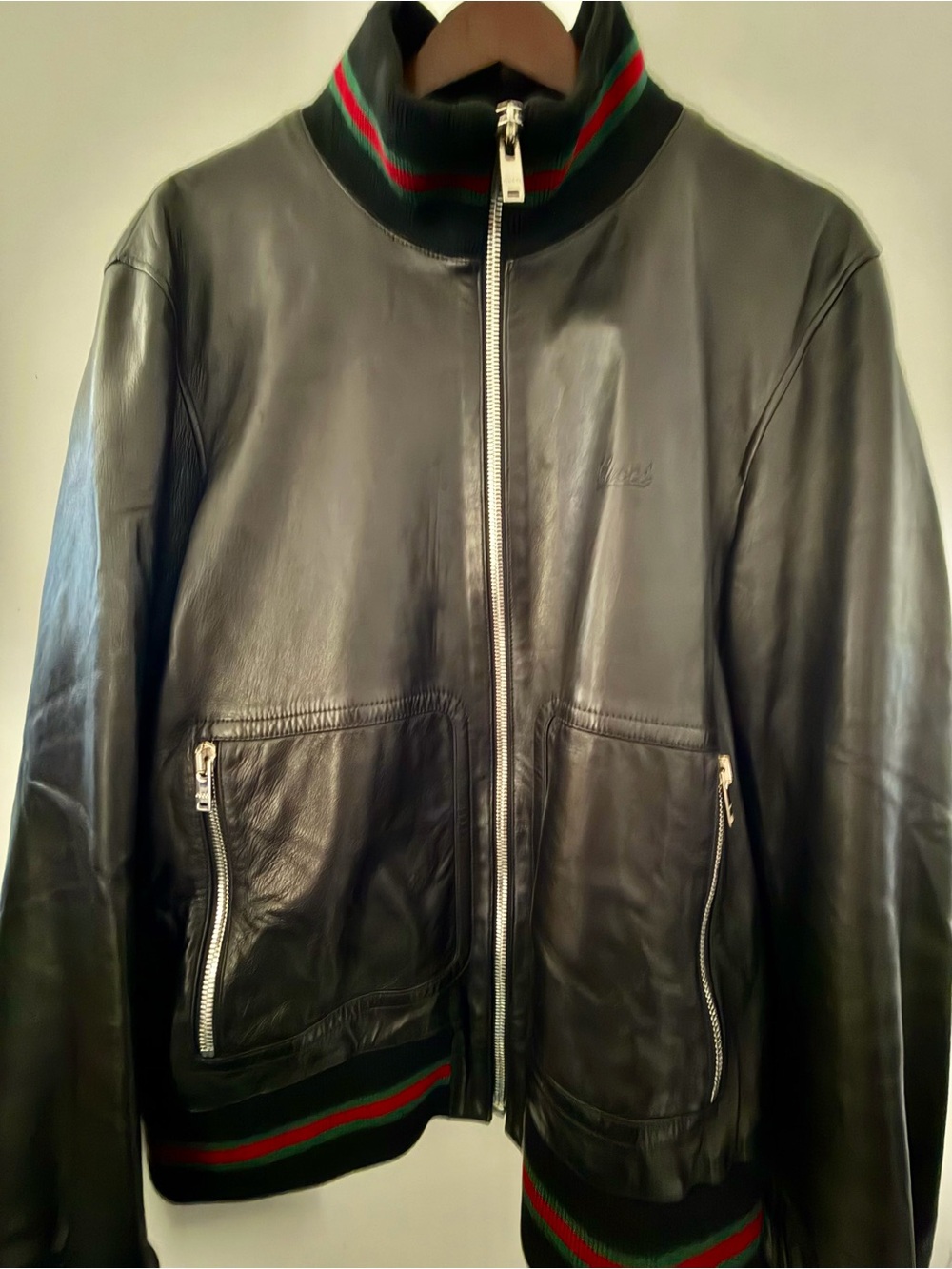 Gucci Black Leather Bomber Jacket Mens Size IT 56 (fits btw L/XL) Made in Italy
